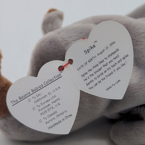 1996 Ty Beanie Baby Spike Gray Plush Rhino Toy W Tag - Picture 7 of 7